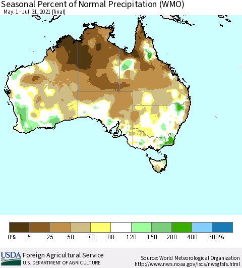 Australia Seasonal Percent of Normal Precipitation (WMO) Thematic Map For 5/1/2021 - 7/31/2021