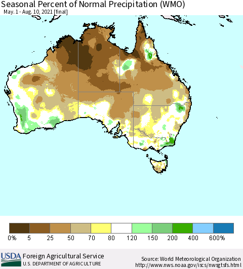 Australia Seasonal Percent of Normal Precipitation (WMO) Thematic Map For 5/1/2021 - 8/10/2021