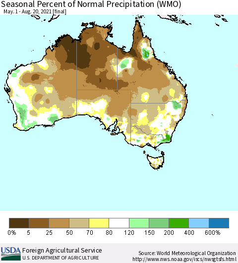 Australia Seasonal Percent of Normal Precipitation (WMO) Thematic Map For 5/1/2021 - 8/20/2021