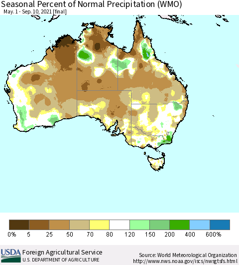 Australia Seasonal Percent of Normal Precipitation (WMO) Thematic Map For 5/1/2021 - 9/10/2021
