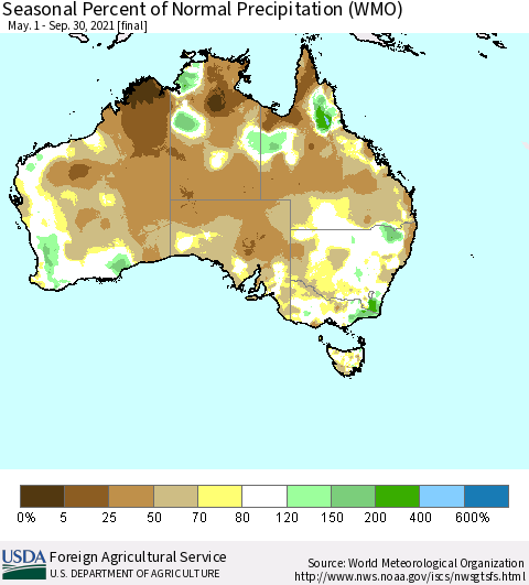 Australia Seasonal Percent of Normal Precipitation (WMO) Thematic Map For 5/1/2021 - 9/30/2021