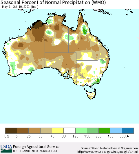 Australia Seasonal Percent of Normal Precipitation (WMO) Thematic Map For 5/1/2021 - 10/10/2021