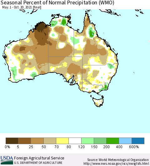 Australia Seasonal Percent of Normal Precipitation (WMO) Thematic Map For 5/1/2021 - 10/20/2021