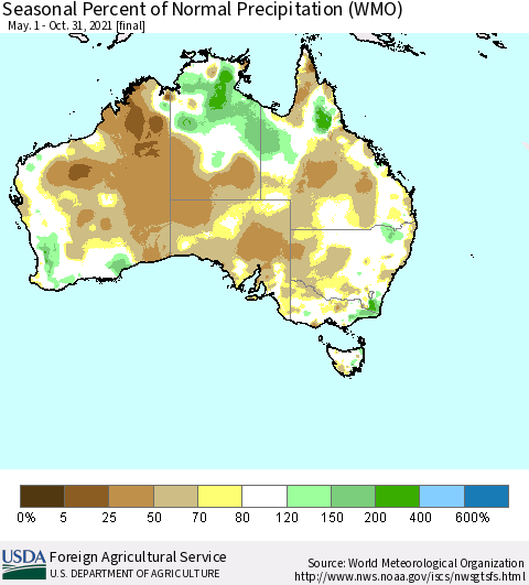 Australia Seasonal Percent of Normal Precipitation (WMO) Thematic Map For 5/1/2021 - 10/31/2021