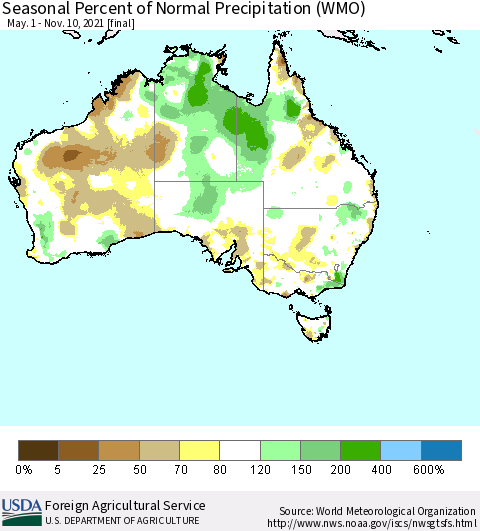 Australia Seasonal Percent of Normal Precipitation (WMO) Thematic Map For 5/1/2021 - 11/10/2021