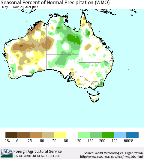 Australia Seasonal Percent of Normal Precipitation (WMO) Thematic Map For 5/1/2021 - 11/20/2021