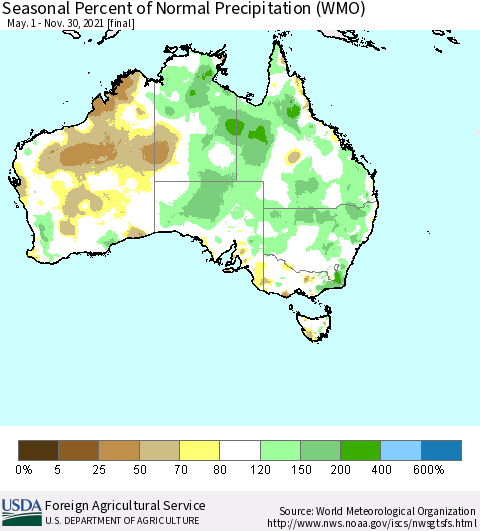 Australia Seasonal Percent of Normal Precipitation (WMO) Thematic Map For 5/1/2021 - 11/30/2021