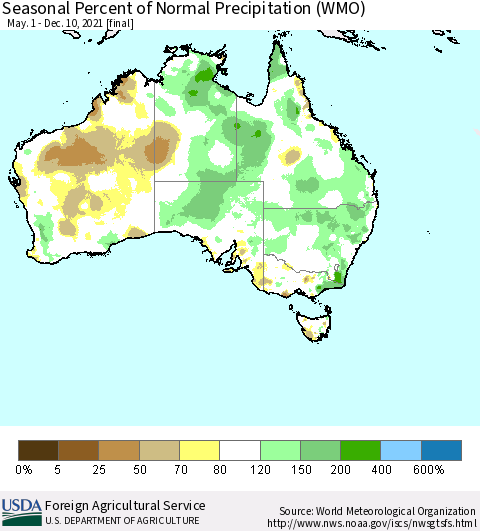 Australia Seasonal Percent of Normal Precipitation (WMO) Thematic Map For 5/1/2021 - 12/10/2021