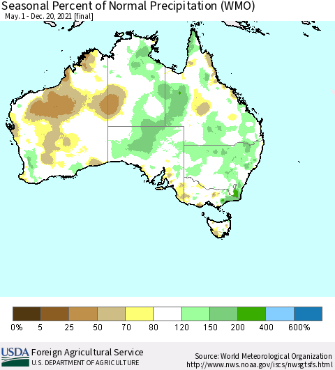 Australia Seasonal Percent of Normal Precipitation (WMO) Thematic Map For 5/1/2021 - 12/20/2021