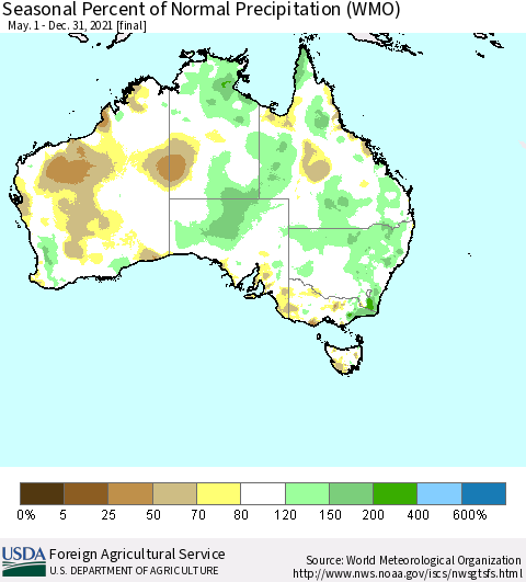 Australia Seasonal Percent of Normal Precipitation (WMO) Thematic Map For 5/1/2021 - 12/31/2021