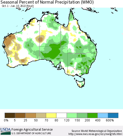 Australia Seasonal Percent of Normal Precipitation (WMO) Thematic Map For 10/1/2021 - 1/10/2022
