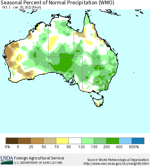 Australia Seasonal Percent of Normal Precipitation (WMO) Thematic Map For 10/1/2021 - 1/20/2022