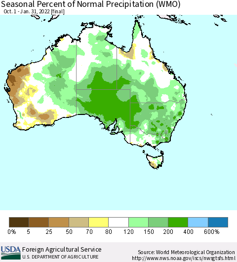 Australia Seasonal Percent of Normal Precipitation (WMO) Thematic Map For 10/1/2021 - 1/31/2022