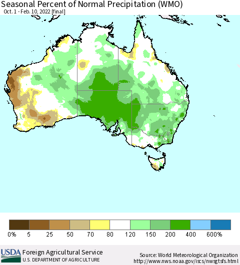 Australia Seasonal Percent of Normal Precipitation (WMO) Thematic Map For 10/1/2021 - 2/10/2022