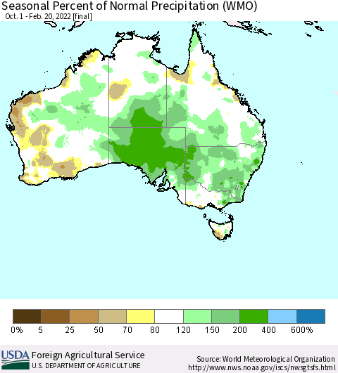 Australia Seasonal Percent of Normal Precipitation (WMO) Thematic Map For 10/1/2021 - 2/20/2022