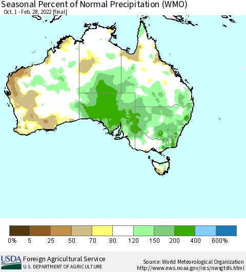 Australia Seasonal Percent of Normal Precipitation (WMO) Thematic Map For 10/1/2021 - 2/28/2022