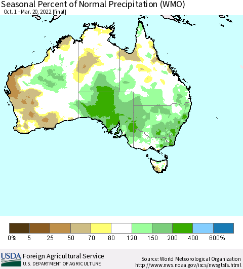 Australia Seasonal Percent of Normal Precipitation (WMO) Thematic Map For 10/1/2021 - 3/20/2022