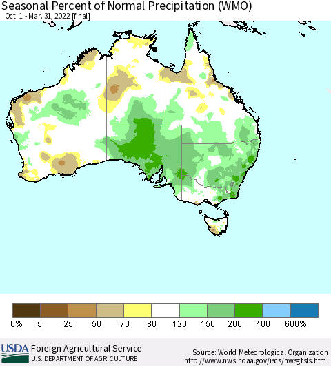 Australia Seasonal Percent of Normal Precipitation (WMO) Thematic Map For 10/1/2021 - 3/31/2022