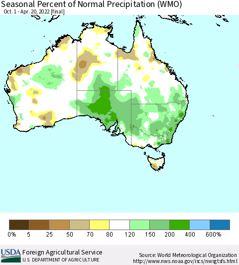 Australia Seasonal Percent of Normal Precipitation (WMO) Thematic Map For 10/1/2021 - 4/20/2022