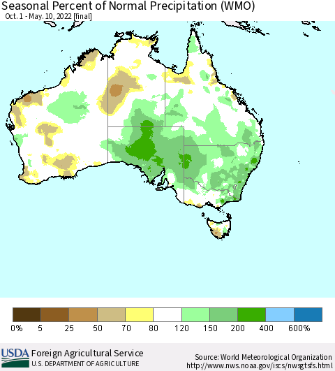 Australia Seasonal Percent of Normal Precipitation (WMO) Thematic Map For 10/1/2021 - 5/10/2022