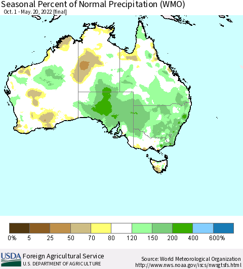 Australia Seasonal Percent of Normal Precipitation (WMO) Thematic Map For 10/1/2021 - 5/20/2022