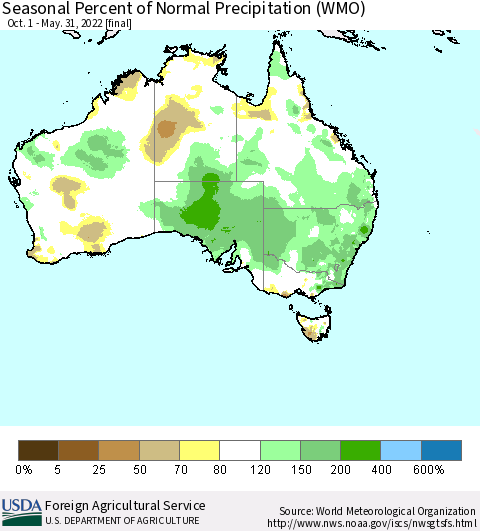 Australia Seasonal Percent of Normal Precipitation (WMO) Thematic Map For 10/1/2021 - 5/31/2022