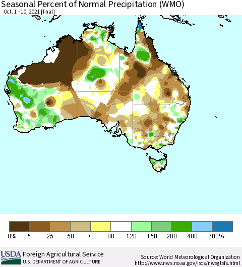 Australia Seasonal Percent of Normal Precipitation (WMO) Thematic Map For 10/1/2021 - 10/10/2021
