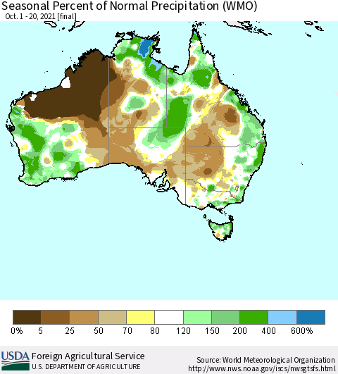 Australia Seasonal Percent of Normal Precipitation (WMO) Thematic Map For 10/1/2021 - 10/20/2021