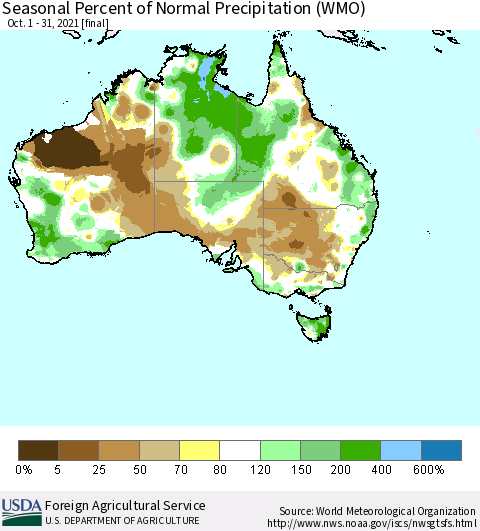 Australia Seasonal Percent of Normal Precipitation (WMO) Thematic Map For 10/1/2021 - 10/31/2021