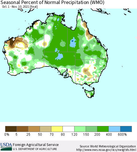 Australia Seasonal Percent of Normal Precipitation (WMO) Thematic Map For 10/1/2021 - 11/10/2021