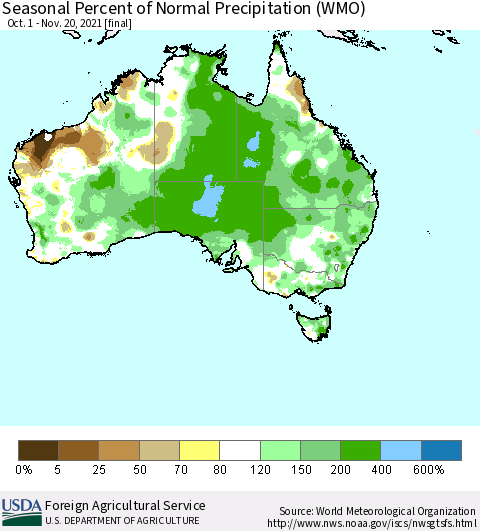 Australia Seasonal Percent of Normal Precipitation (WMO) Thematic Map For 10/1/2021 - 11/20/2021