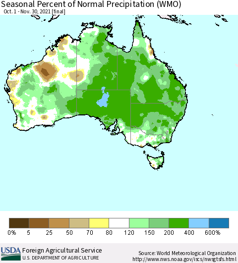 Australia Seasonal Percent of Normal Precipitation (WMO) Thematic Map For 10/1/2021 - 11/30/2021