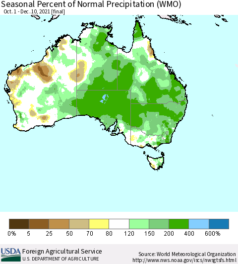 Australia Seasonal Percent of Normal Precipitation (WMO) Thematic Map For 10/1/2021 - 12/10/2021