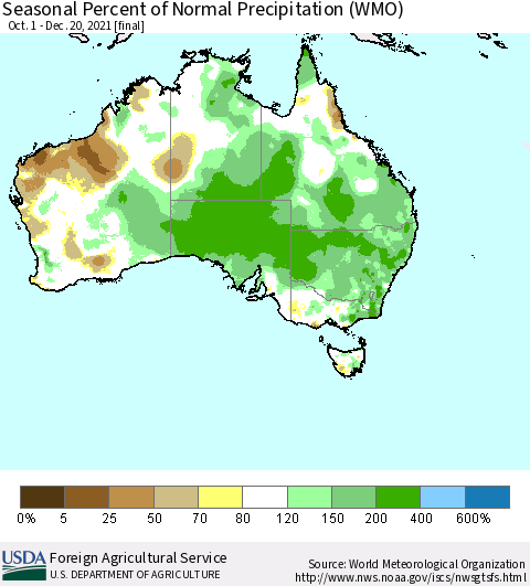 Australia Seasonal Percent of Normal Precipitation (WMO) Thematic Map For 10/1/2021 - 12/20/2021