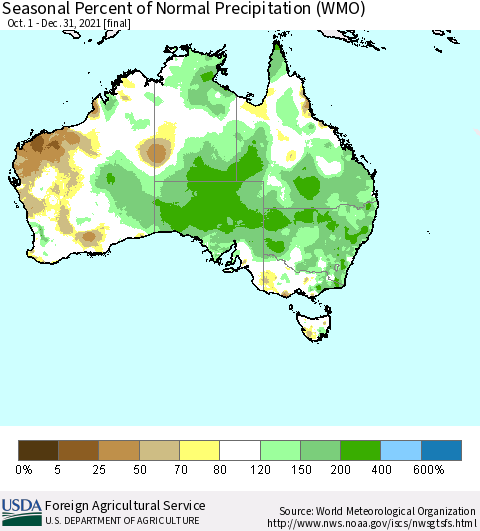 Australia Seasonal Percent of Normal Precipitation (WMO) Thematic Map For 10/1/2021 - 12/31/2021