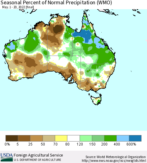 Australia Seasonal Percent of Normal Precipitation (WMO) Thematic Map For 5/1/2022 - 5/20/2022