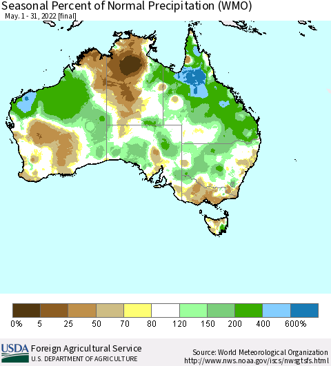 Australia Seasonal Percent of Normal Precipitation (WMO) Thematic Map For 5/1/2022 - 5/31/2022