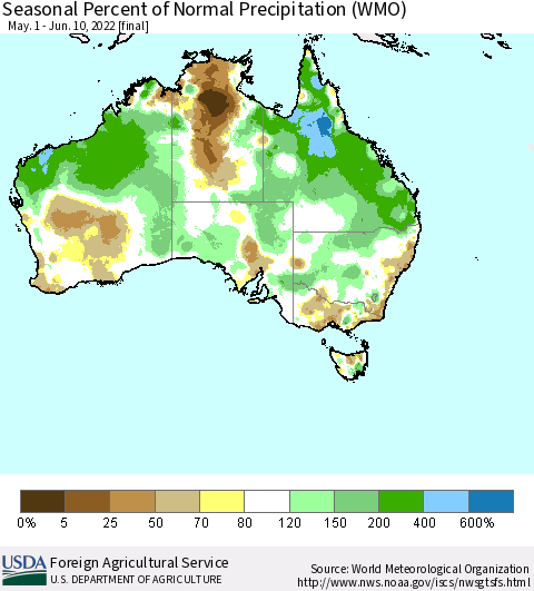 Australia Seasonal Percent of Normal Precipitation (WMO) Thematic Map For 5/1/2022 - 6/10/2022
