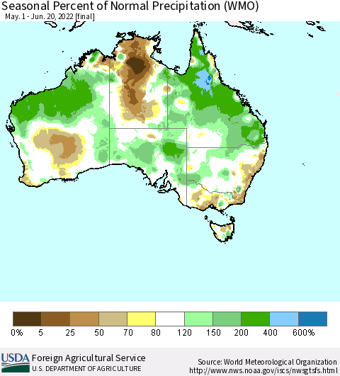Australia Seasonal Percent of Normal Precipitation (WMO) Thematic Map For 5/1/2022 - 6/20/2022