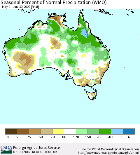 Australia Seasonal Percent of Normal Precipitation (WMO) Thematic Map For 5/1/2022 - 6/30/2022