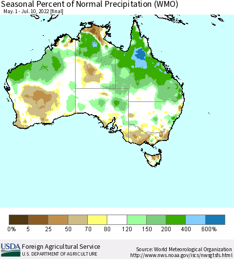Australia Seasonal Percent of Normal Precipitation (WMO) Thematic Map For 5/1/2022 - 7/10/2022