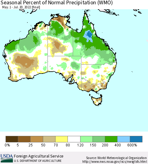 Australia Seasonal Percent of Normal Precipitation (WMO) Thematic Map For 5/1/2022 - 7/20/2022