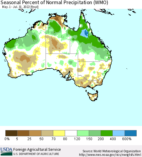 Australia Seasonal Percent of Normal Precipitation (WMO) Thematic Map For 5/1/2022 - 7/31/2022