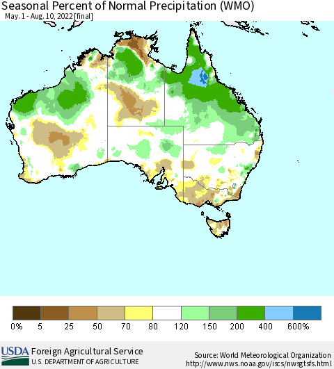 Australia Seasonal Percent of Normal Precipitation (WMO) Thematic Map For 5/1/2022 - 8/10/2022