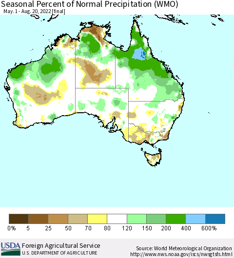 Australia Seasonal Percent of Normal Precipitation (WMO) Thematic Map For 5/1/2022 - 8/20/2022