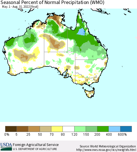 Australia Seasonal Percent of Normal Precipitation (WMO) Thematic Map For 5/1/2022 - 8/31/2022