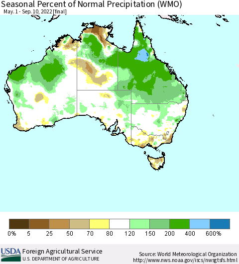 Australia Seasonal Percent of Normal Precipitation (WMO) Thematic Map For 5/1/2022 - 9/10/2022