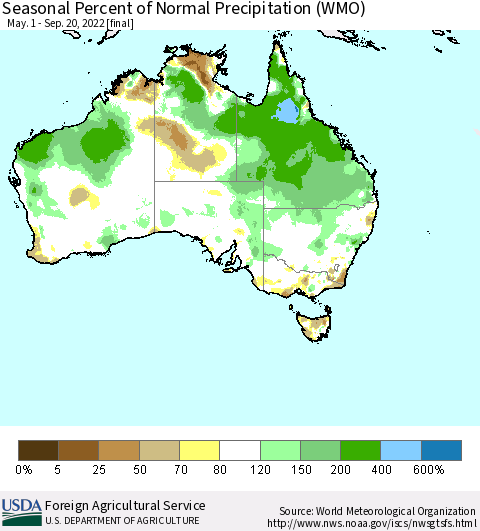 Australia Seasonal Percent of Normal Precipitation (WMO) Thematic Map For 5/1/2022 - 9/20/2022