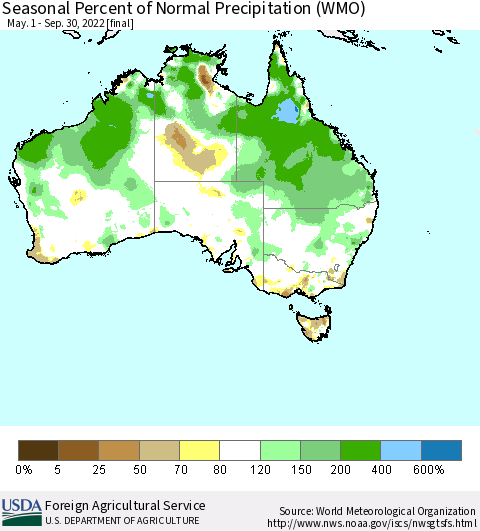 Australia Seasonal Percent of Normal Precipitation (WMO) Thematic Map For 5/1/2022 - 9/30/2022