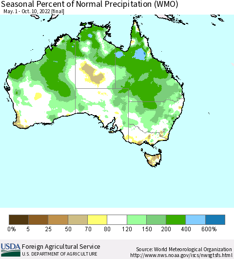 Australia Seasonal Percent of Normal Precipitation (WMO) Thematic Map For 5/1/2022 - 10/10/2022